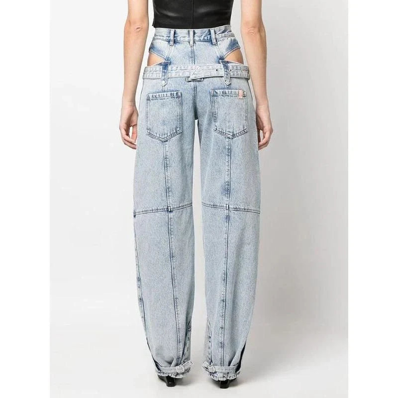 High-waist denim trousers with chic cutout design, perfect for British fashion enthusiasts