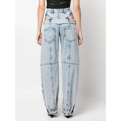 High-waist denim trousers with chic cutout design, perfect for British fashion enthusiasts