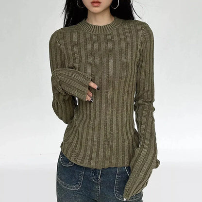 Women's Stylish Round Neck Long Sleeve Slim Fit Knitted Jumper in Green
