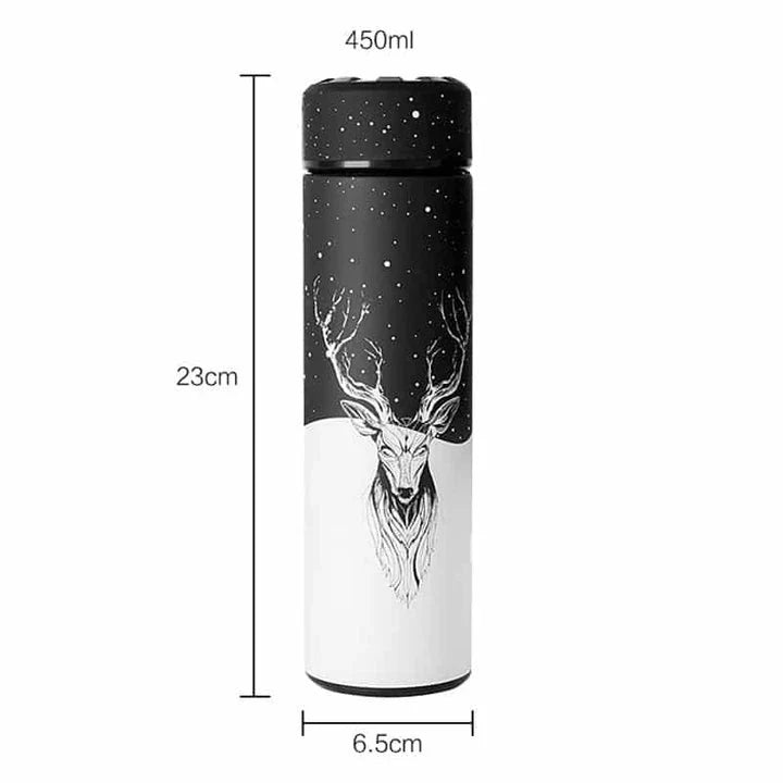 Premium Nordic-inspired stainless steel thermos flask with deer print design, perfect for keeping drinks hot or cold for up to 12 hours