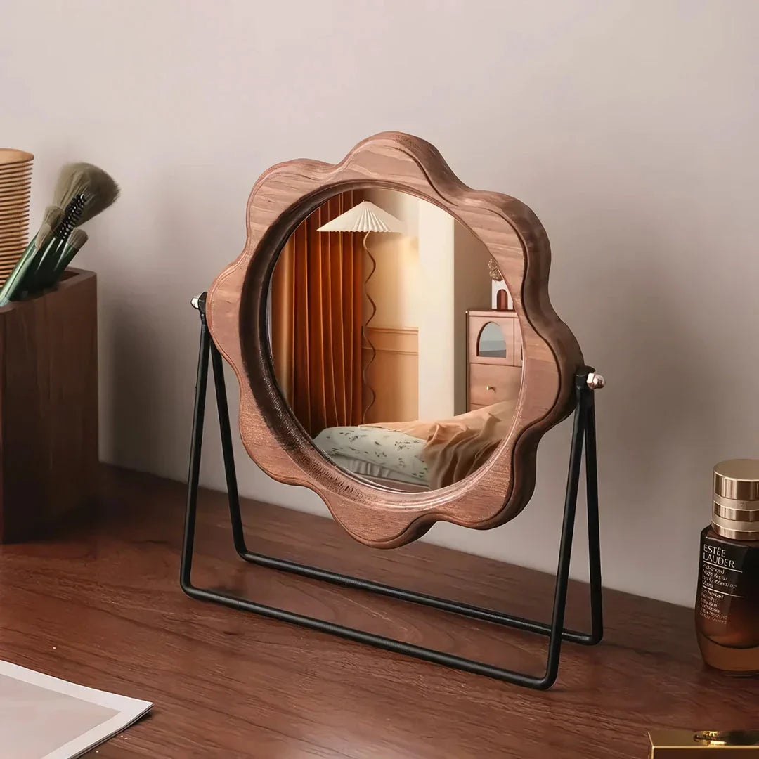 Elegant round desktop makeup mirror with wood frame in neoclassical design