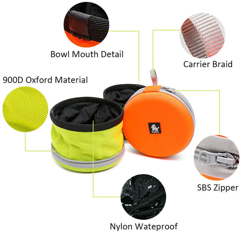 Premium collapsible dog bowl with dual compartments for food and water, made of durable 900D oxford fabric and waterproof nylon lining