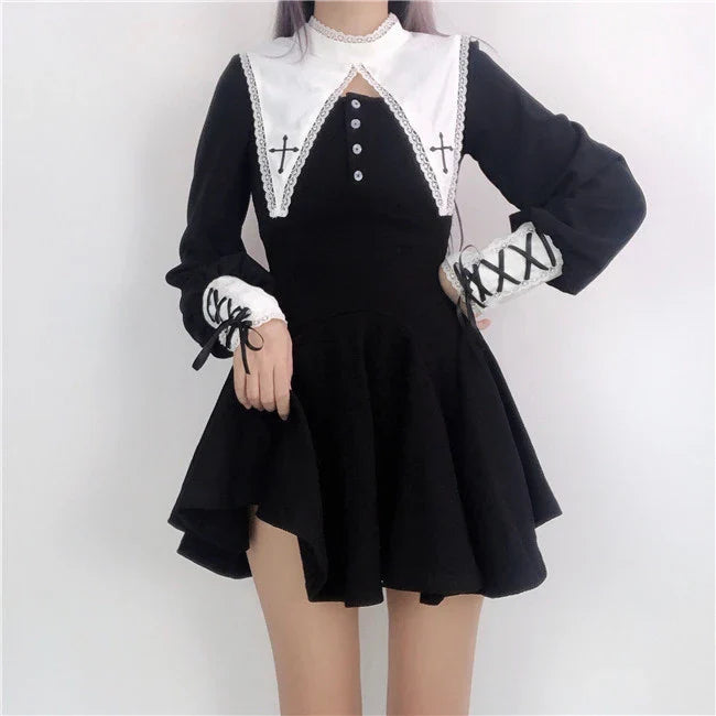 Maria Gothic Nun Dress in black with lace accents, a captivating and sophisticated dark fashion piece