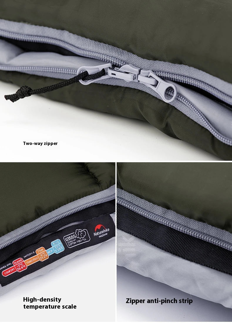 Naturehike Luxury Down-filled Sleeping Bag for Outdoor Camping in Hollow Cotton/Clay Gray, Hollow Cotton/Moxa Leaf Green, and Down Cotton/Sky Blue colours