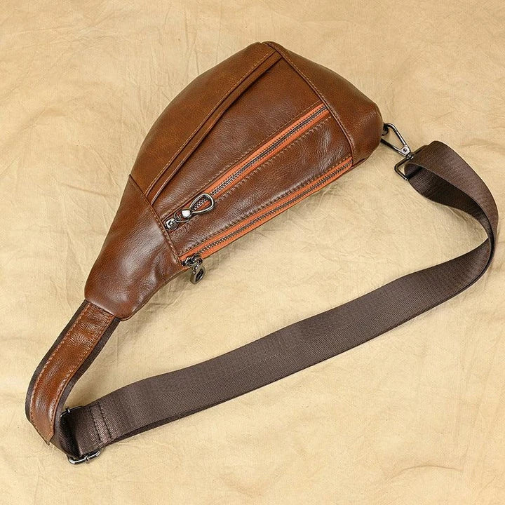 Premium genuine leather messenger bag in brown, coffee, and black colours with brass hardware