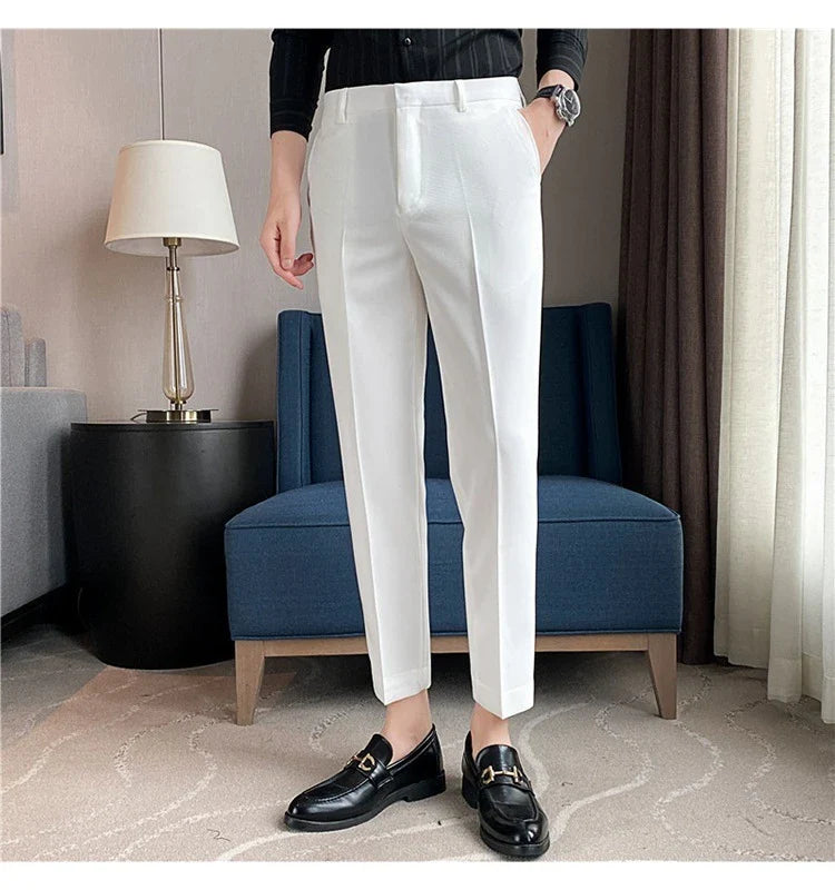 Premium men's suit trousers in a variety of colours, featuring a subtle textured drape and exceptional stretch for all-day comfort and style.