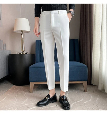 Premium men's suit trousers in a variety of colours, featuring a subtle textured drape and exceptional stretch for all-day comfort and style.