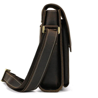 Premium leather crossbody bag with flap closure, vertical square shape, and multiple interior compartments