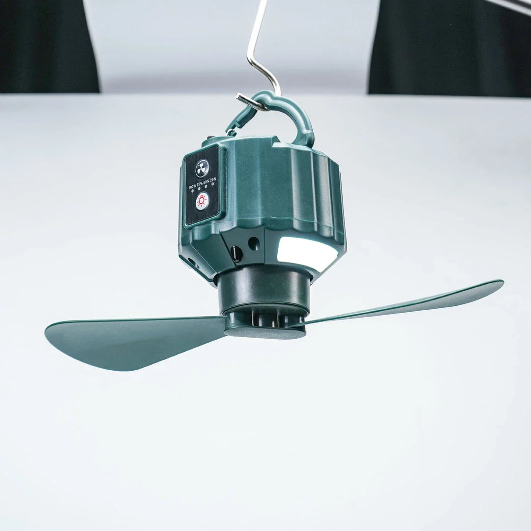 Premium camping tent with integrated fan and lamp in dark green colour