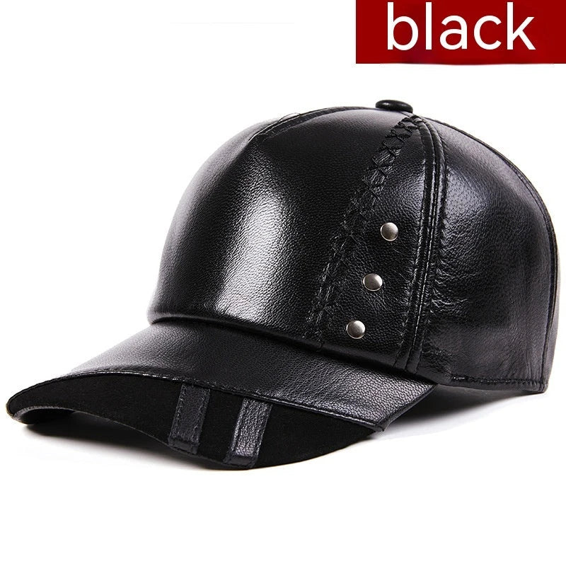 Premium genuine leather British baseball cap in black and brown colours, featuring an adjustable free-size design and dome-shaped crown