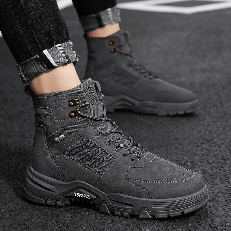 Premium leather work boots for men in black, khaki, and gray colours