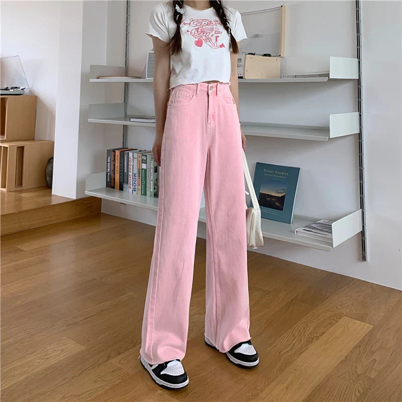Premium cotton denim high-waist wide-leg trousers in a flattering, figure-hugging silhouette