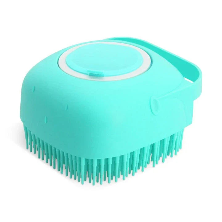 A yellow dog bath brush with a built-in shampoo dispenser and soft silicone bristles for a relaxing, spa-like bathing experience.