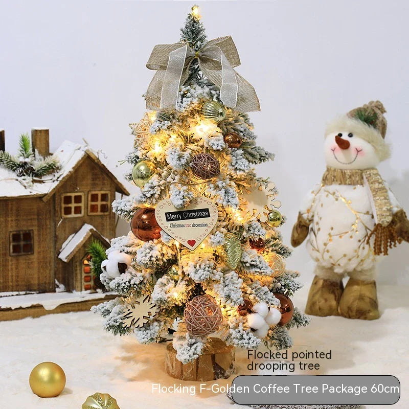 Flocked mini Christmas trees in gold, red, and brown colours, perfect for tabletop and mantel displays