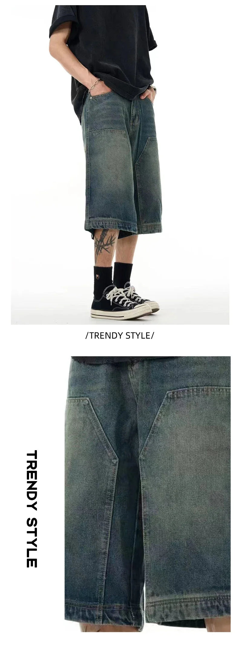 Relaxed-fit men's denim shorts in a vintage blue wash, featuring a wide-leg silhouette and adjustable waistband for maximum comfort.