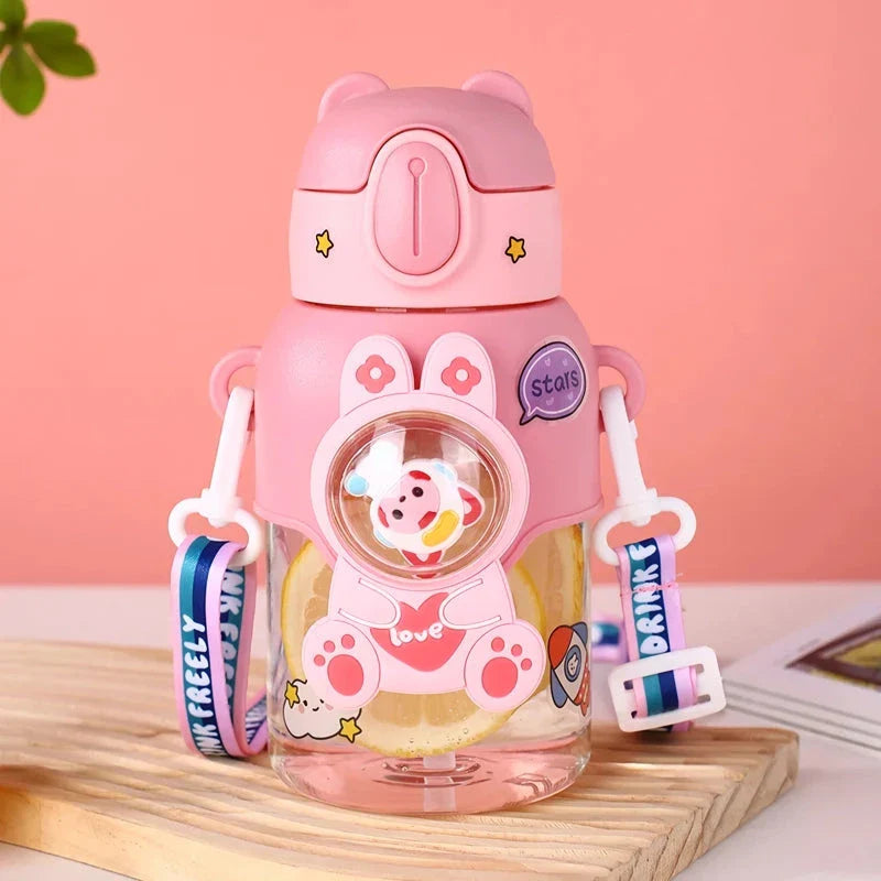 Colourful, durable Kids Cartoon Water Bottle with straw and carrying strap, designed for children's hydration needs