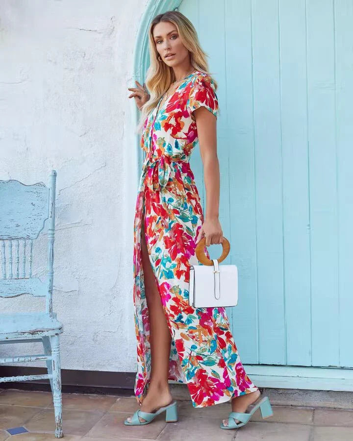 Premium lace-up v-neck printed midi dress for women in picture colour