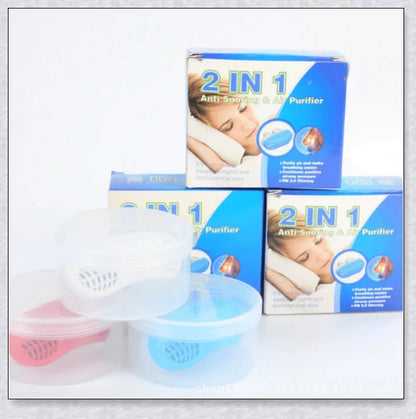 Maskless, cordless anti-snoring device for sleep apnea relief, featuring innovative air filtration system and compact, discreet design