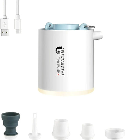 Compact portable electric air pump with built-in LED light for outdoor adventures and storage solutions