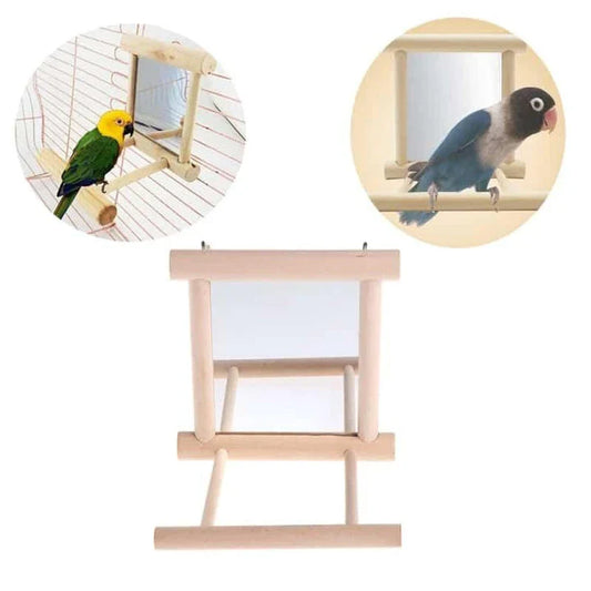 Premium bird mirror toy with sturdy wooden perch, designed to captivate and entertain your feathered friend