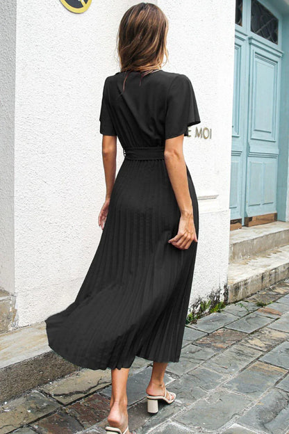 Elegant black midi dress with belted waist and flutter sleeves, perfect for any occasion