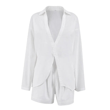 Relaxed-fit white casual set with shorts, featuring a loose, comfortable design made from premium cotton for all-day style and comfort.