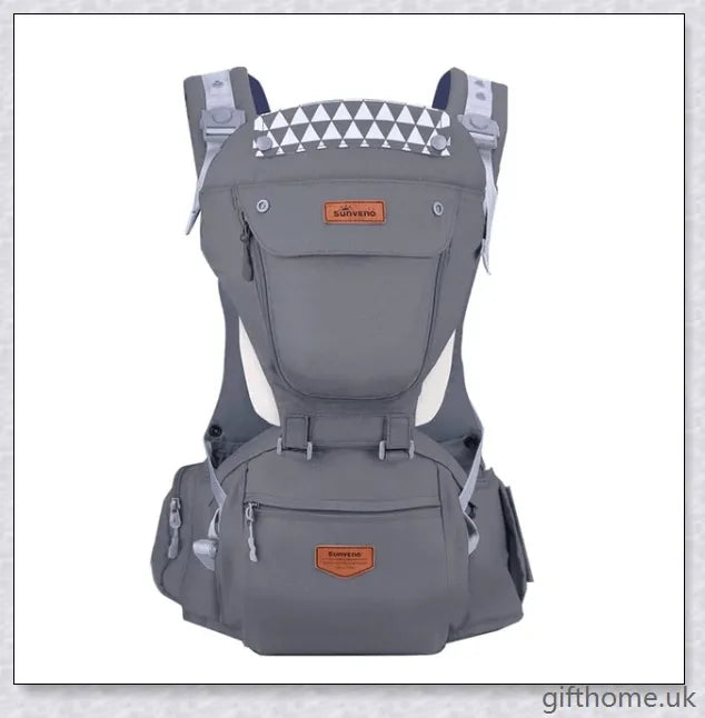 Ergonomic front-facing baby carrier with padded waist strap, lumbar support, and versatile wearing options for comfortable, secure travel with your little one.