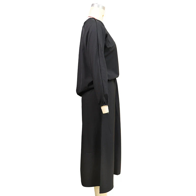 Elegant two-piece mid-length skirt suit with oblique shoulder design, made with premium polyester fabric and boutique four-sided elastic band