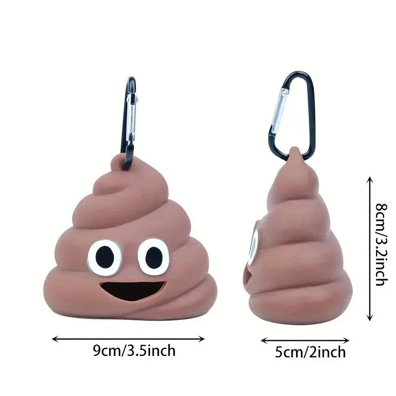 A brown leash-attached poop bag dispenser with a metal carabiner clip, designed for convenient pet waste management during outdoor activities.