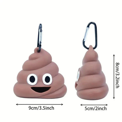 A brown leash-attached poop bag dispenser with a metal carabiner clip, designed for convenient pet waste management during outdoor activities.