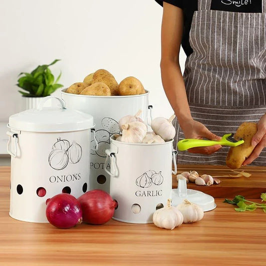 Premium metal storage containers with perforated sides for ventilation and built-in handles for easy transport