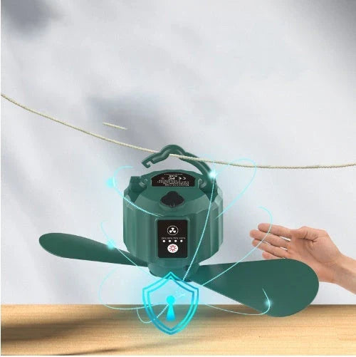 Premium camping tent with integrated fan and lamp in dark green colour