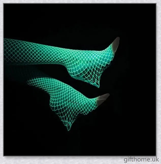 Pair of radiant fishnet stockings emitting a luminous glow, perfect for parties and festivals