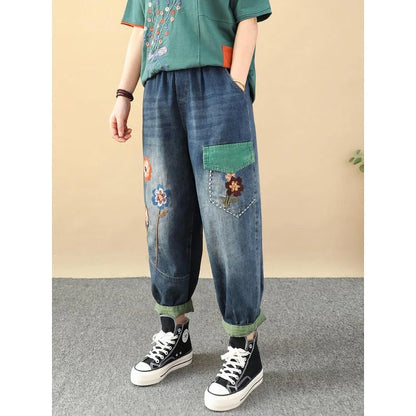Stylish embroidered patchwork ankle-length harem jeans with a comfortable, versatile design