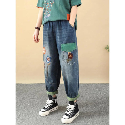Stylish embroidered patchwork ankle-length harem jeans with a comfortable, versatile design