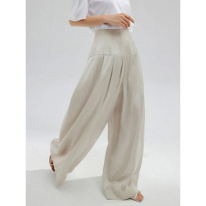 Elegant high-waisted wide-leg trousers for stylish women, featuring a unique patchwork design and premium cotton-polyester blend fabric