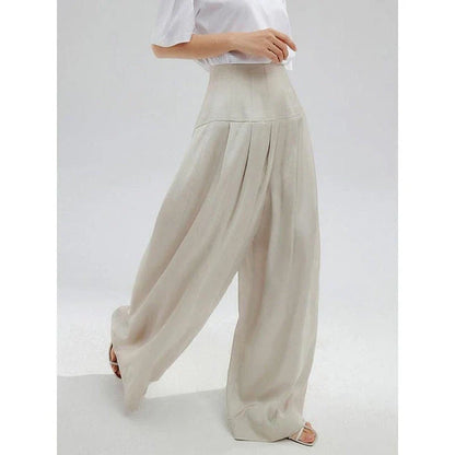 Elegant high-waisted wide-leg trousers for stylish women, featuring a unique patchwork design and premium cotton-polyester blend fabric