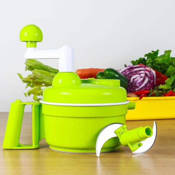 Premium manual food processor with stainless steel blades and durable plastic construction, perfect for chopping, slicing, and dicing a variety of ingredients in the kitchen.