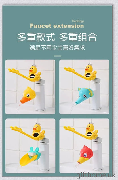 A yellow duck-shaped faucet extender that elevates a child's hand-washing experience at the sink