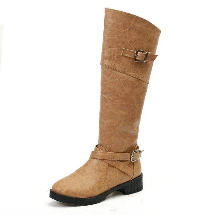 A pair of stylish women's low heel boots with a round toe design, available in black, brown, and army green colours.