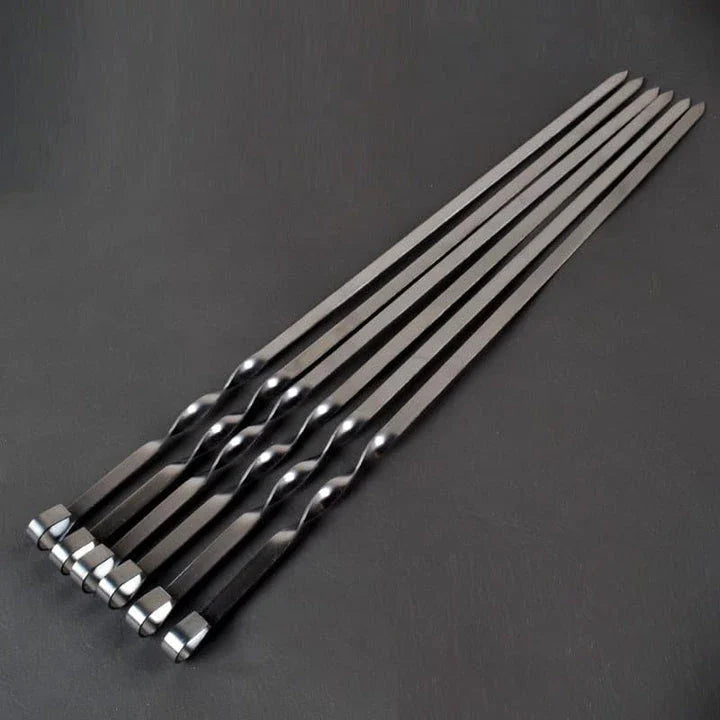 Premium stainless steel BBQ skewers with a flat design for even heat distribution and easy handling