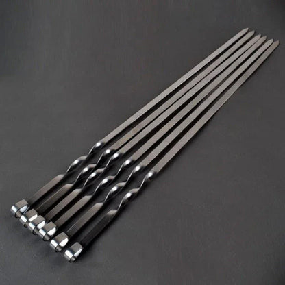 Premium stainless steel BBQ skewers with a flat design for even heat distribution and easy handling