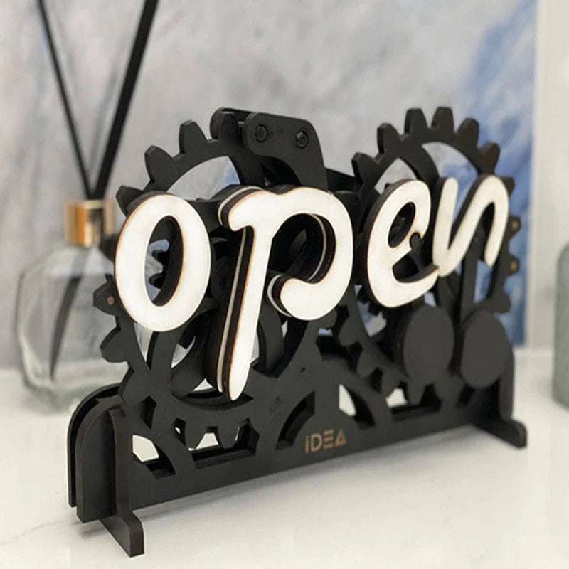 Wooden open-closed sign with gear mechanism, perfect for home entryways and businesses