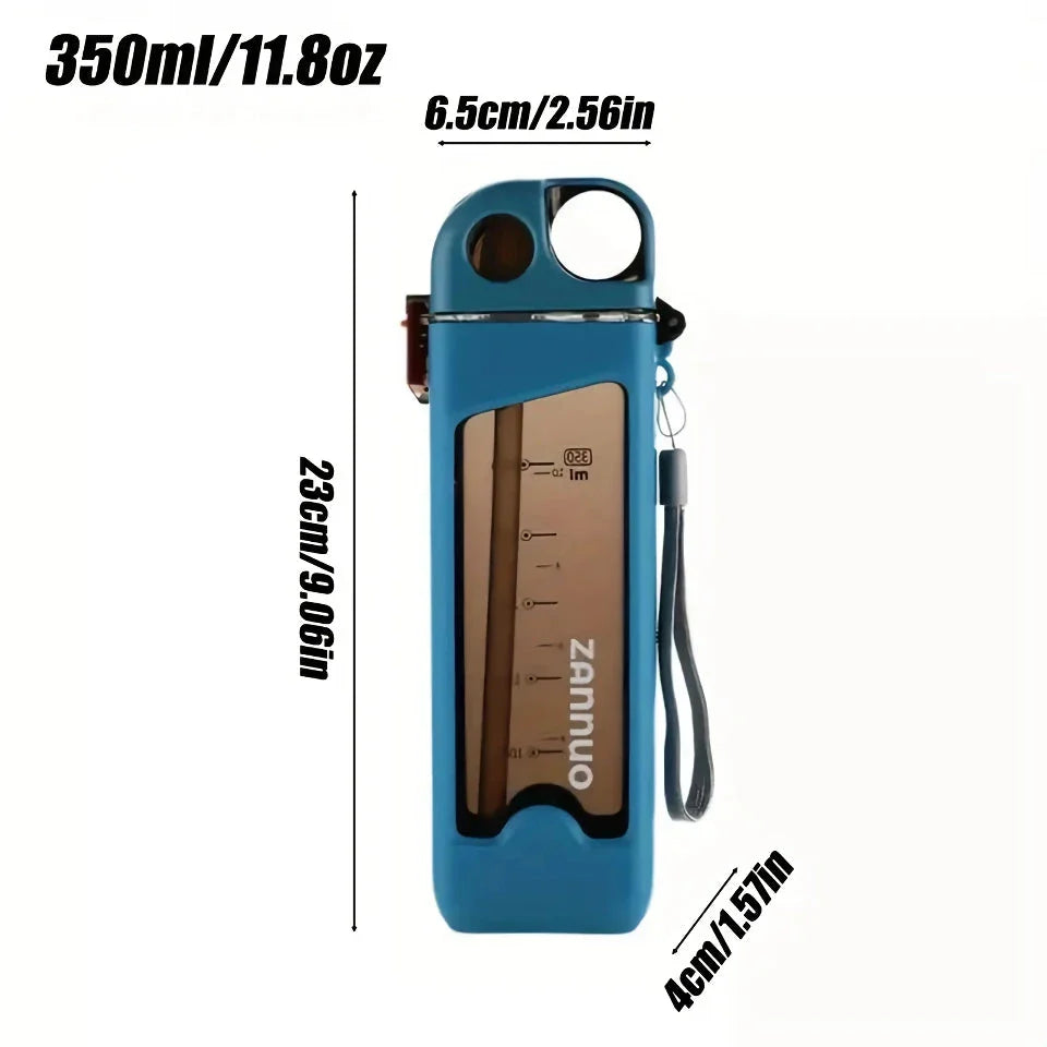 Stylish and leak-proof 350ml plastic sports water bottle with lockable lid and measurement markings