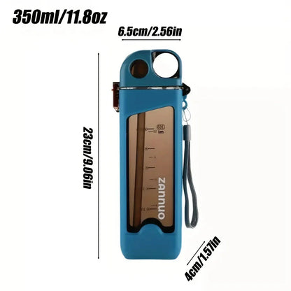 Stylish and leak-proof 350ml plastic sports water bottle with lockable lid and measurement markings