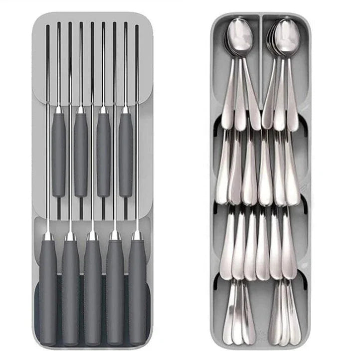 Premium food-grade kitchen cabinet organiser with adjustable trays and compartments for efficient storage of cutlery, spices, and cooking essentials