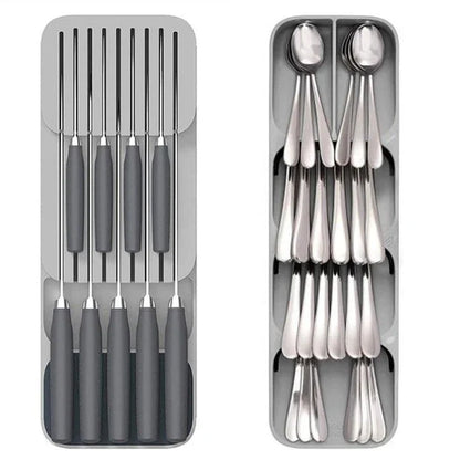 Premium food-grade kitchen cabinet organiser with adjustable trays and compartments for efficient storage of cutlery, spices, and cooking essentials
