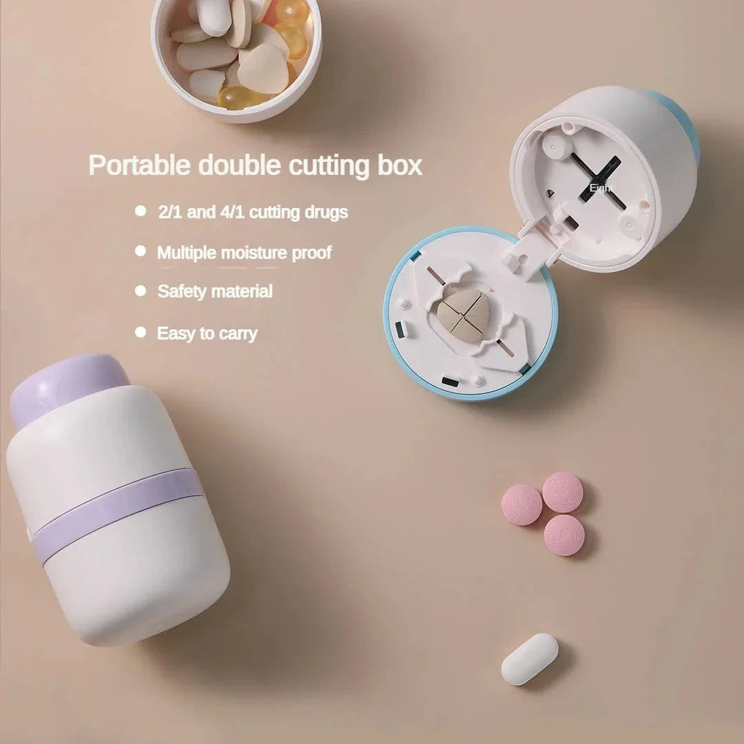 Portable 2-in-1 Pill Box with Pill Cutter, a compact and versatile medication organiser with cutting capabilities