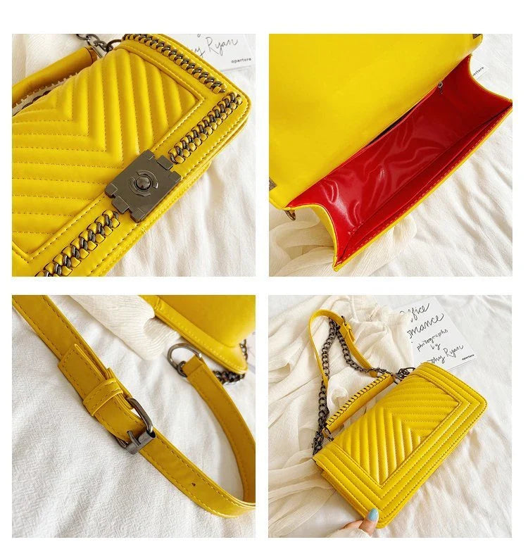 Fashionable leather messenger bag with chain strap in a range of vibrant colours, designed for style and functionality