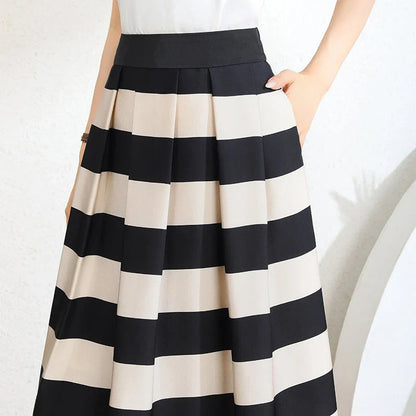 Elegant striped midi skirt with pleated design, made from premium polyester for a sophisticated and comfortable look.